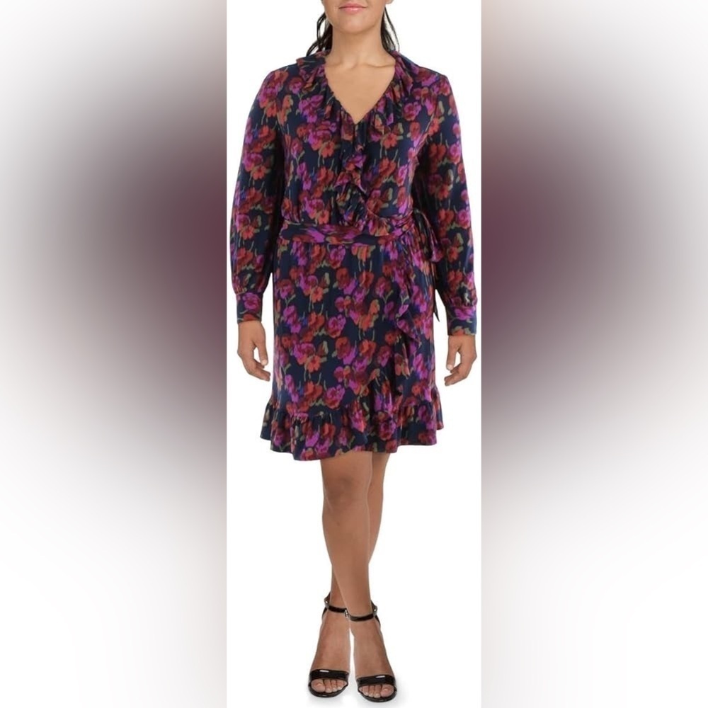 Lauren Ralph Lauren Jersey Floral Shift Faux Wrap Navy Blue Purple Dress Size 12